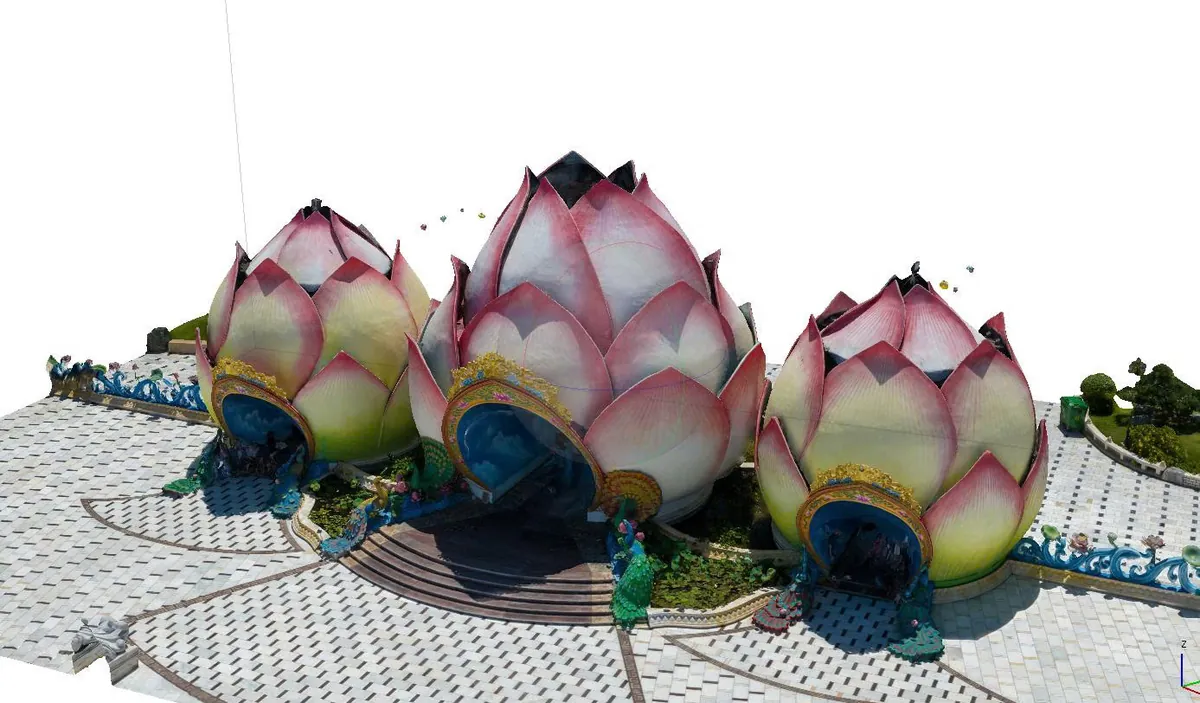 Textured 3D model of the three lotus-shaped pavilions at Tân Huê Viên