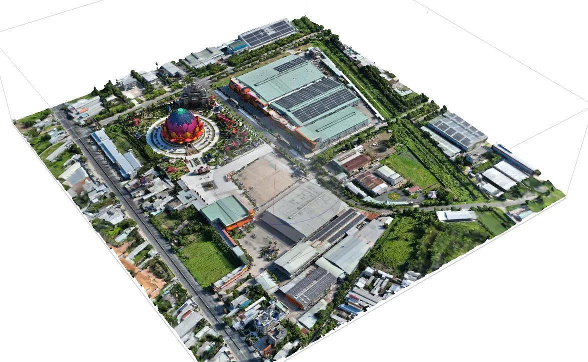 Site-wide 3D model of Tân Huê Viên from UAV imagery, with Liên Hoa Bảo Tháp at the centre