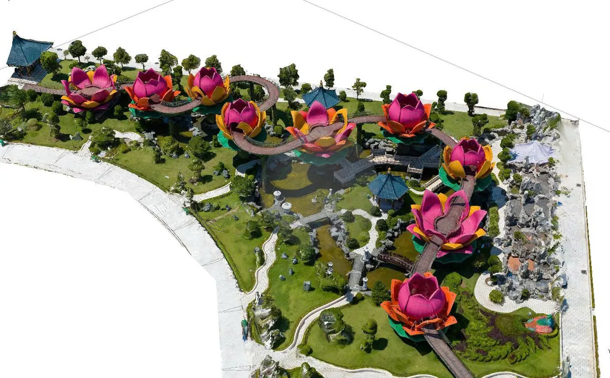 Textured 3D model of the garden and lotus walkways at Tân Huê Viên